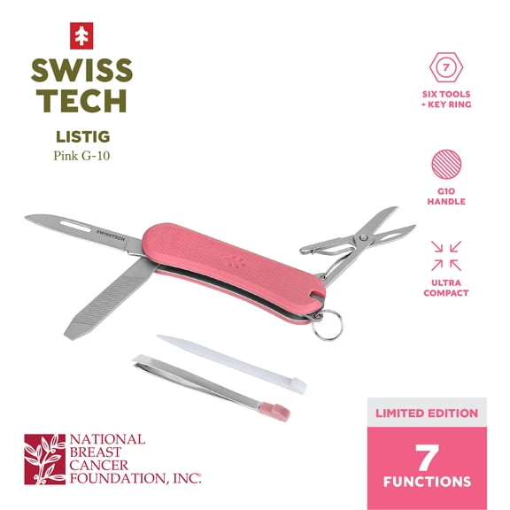 Swiss Tech Listig 7 in 1 Multitool, Compact Single Edge Pocket Knife with Scisors, Pink NBCF G-10 Handles