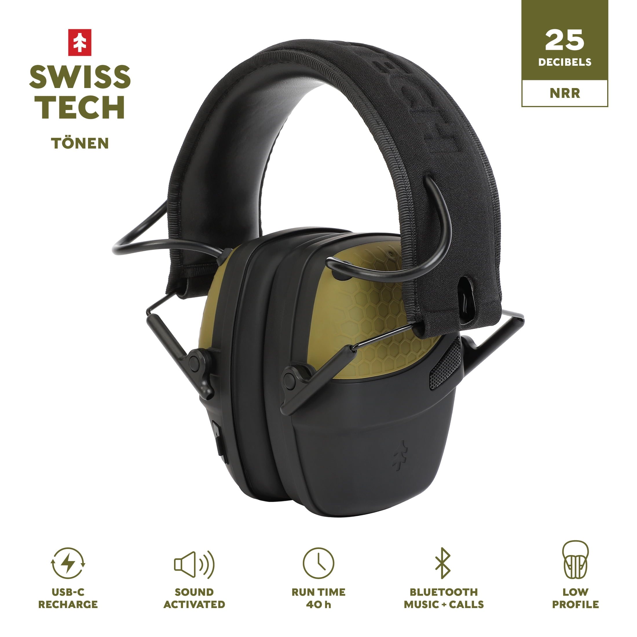 Swiss Tech Hearing Electronic Foldable Earmuffs with Noise Reduction, Bluetooth Compatible, Green and Black