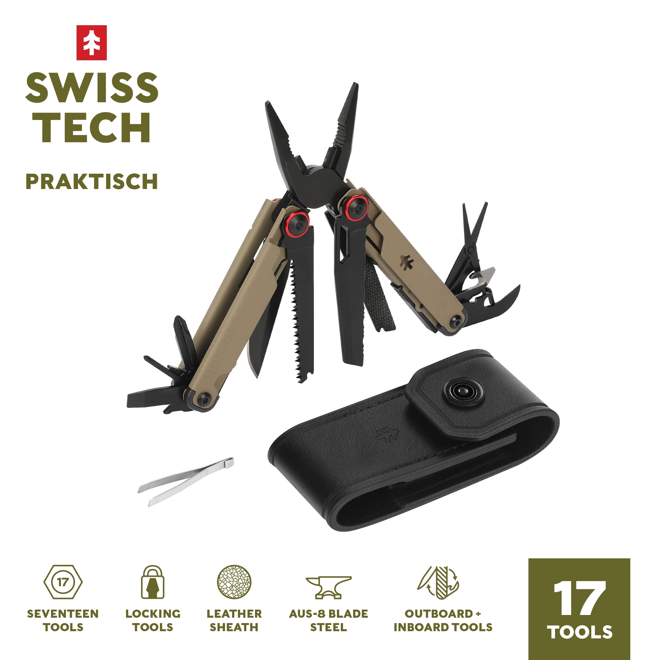Swiss Perfection 2点 セット Swiss Tech 17 in 1 Multitool Knife, AUS 8 Steel, Olive - Walmart.com