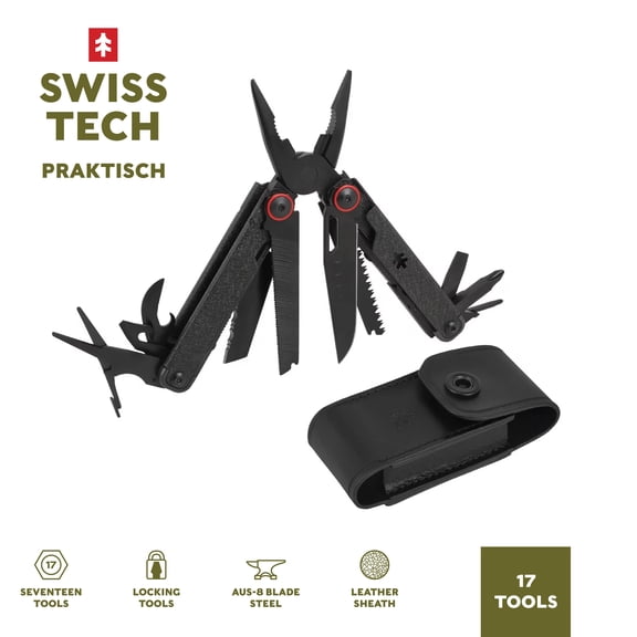 Swiss Tech Praktisch Aus-8 Steel 17-in-1 Folding Multi Tool with Leather Sheath, Multi-Function