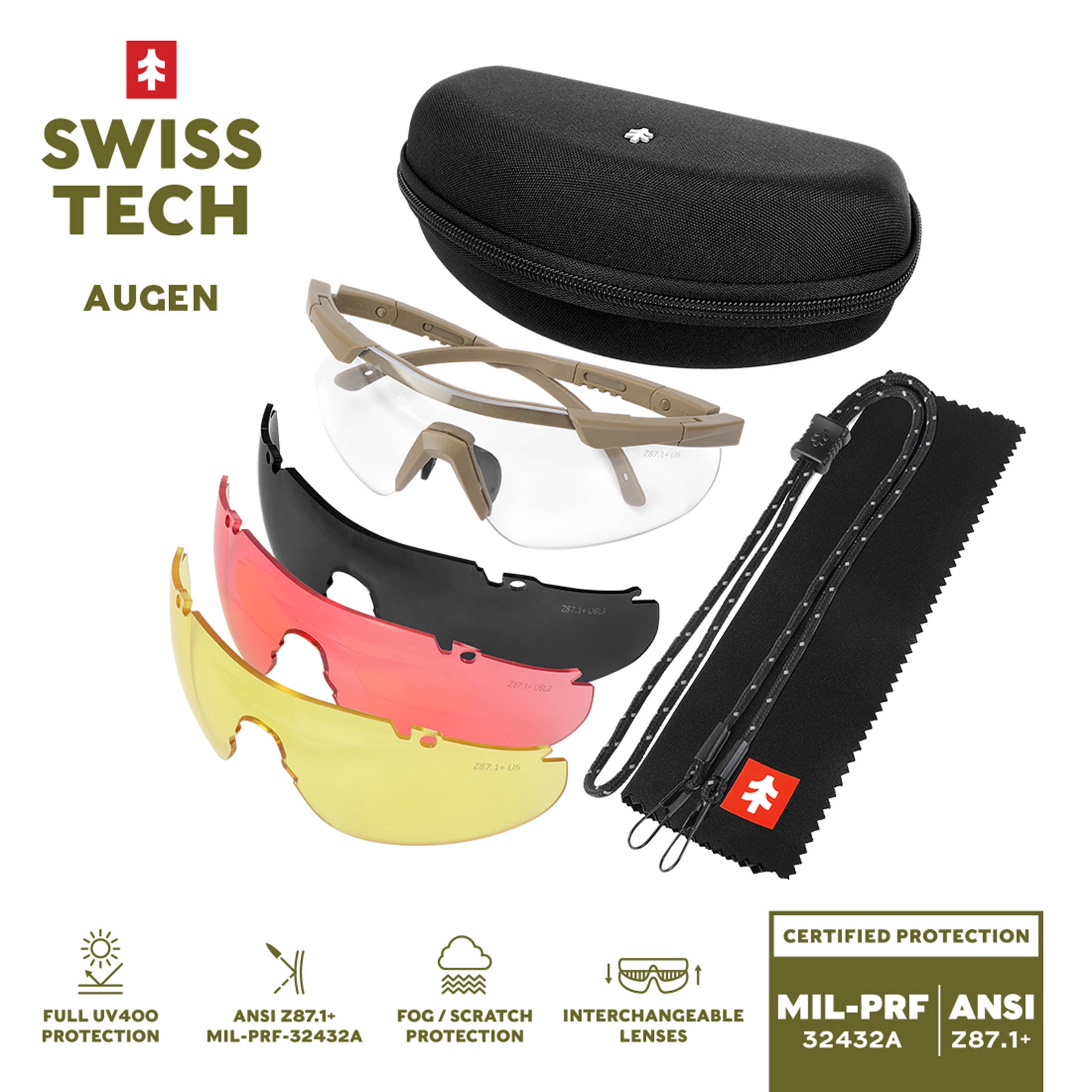Swiss Tech Augen 4-Lens Premium Sporting Glasses, Anti-Fog, Scratch-Resistant, UV400, FDE
