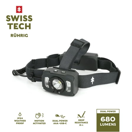 Swiss Tech Rechargeable LED Headlamp, IP54 Weatherproof, Drop Resistant, Motion Activated, 680 Lumen