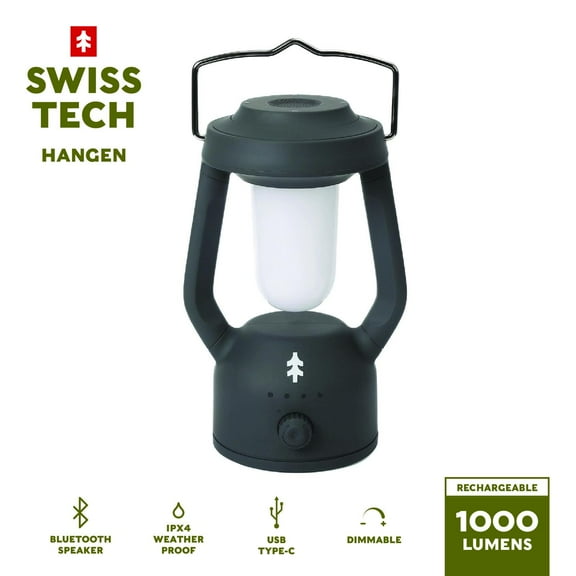 Swiss Tech Rechargeable LED Lantern with Bluetooth Speaker, IPX4 Weatherproof, Dimmable, 1000 Lumen