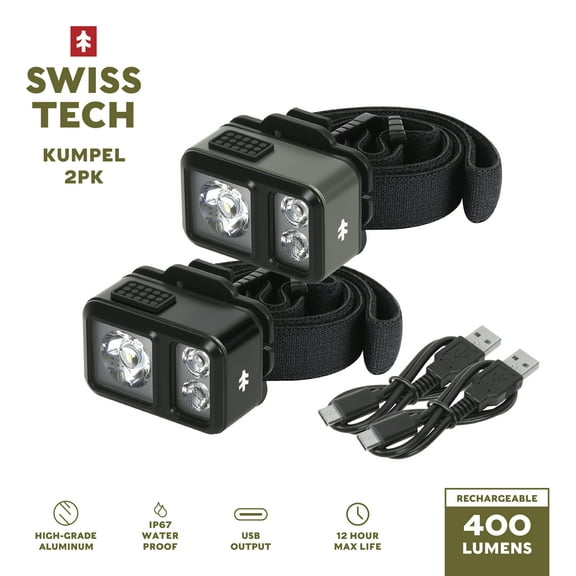 Swiss Tech Kumpel 400 Lumen Mini LED Headlamp and Cap Light, IP67 Waterproof, 0.22lbs, Black and Grey