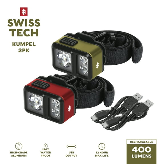 Swiss Tech Kumpel 400 Lumen Mini LED Headlamp, Waterproof, Red & Green 2-Pack