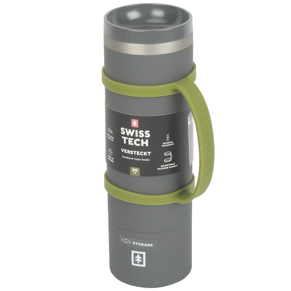 Swiss Tech 20 oz Stainless Steel Insulated Water Bottle, Soft Touch Grey, Leakproof 360 Sip Lid with Silicone Handle and Hidden Storage
