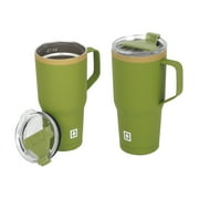 Swiss Tech Stainless Steel Insulated Tumbler with Mug Handle and Leakproof Locking Lid 20oz, 2-Pack, Soft Touch Green