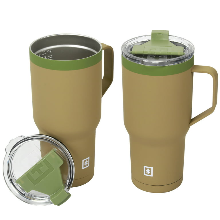 Swiss Tech Stainless Steel Insulated Tumbler with Mug Handle and Leakproof Locking Lid 30oz, 2-Pack, Soft Touch Tan