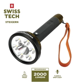 Swiss Tech Steigern Flashlight, 2000 Lumen, LED, Rechargeable, IPX7 Waterproof, Digital Focusing