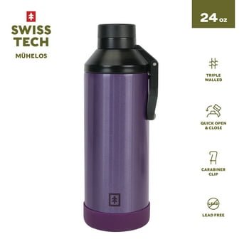 Swiss Tech Triple-Walled Water Bottle, Leakproof Lid, Clip Handle, Silicone Boot, 24oz, Purple