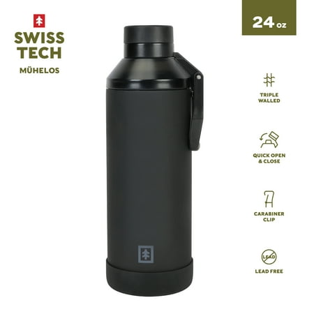Swiss Tech 24 oz Triple-Walled Stainless Steel Water Bottle, Black, Leakproof Chug Lid with Clip Handle and Silicone Boot