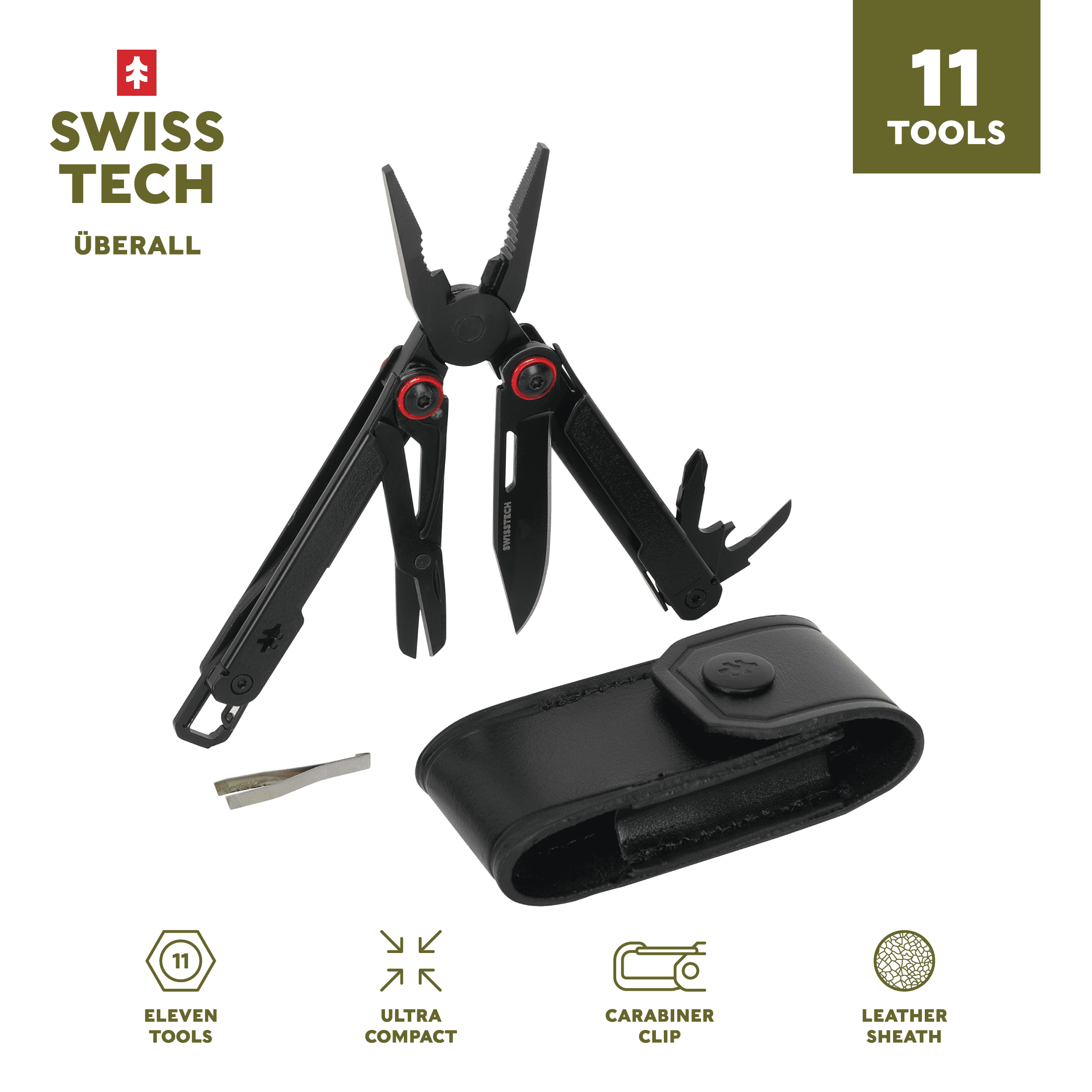Swiss Tech Uberall 11-in-1 Folding Mini Multi-Tool Ultra Compact with Leather Sheath, Multi-Function