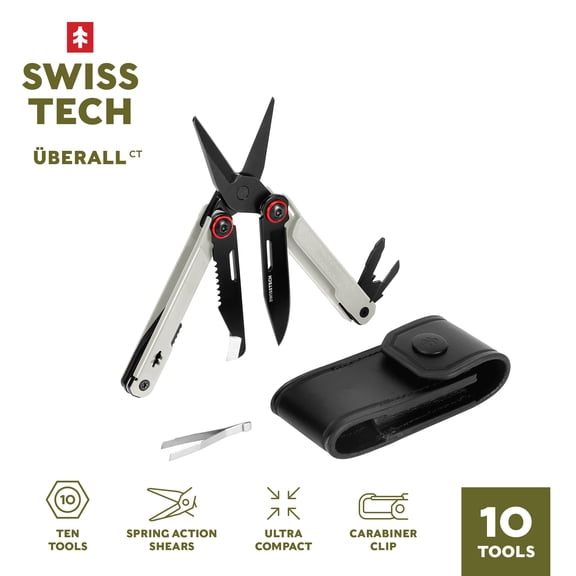 Swiss Tech Uberall CT AUS-8 Steel 10-in-1 Multi Tool with Shears, Carabiner & Leather Sheath, Ivory
