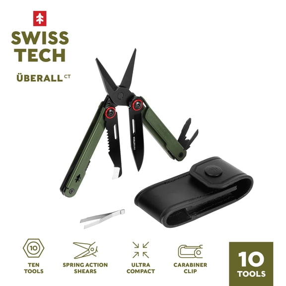 Swiss Tech Uberall CT AUS-8 Steel 10-in-1 Multi Tool with Shears, Carabiner & Leather Sheath, Olive