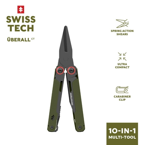 Swiss Tech 10 in 1 Multitool with Spring Action Shears AUS 8 Steel Blade Carabiner and Sheath Olive