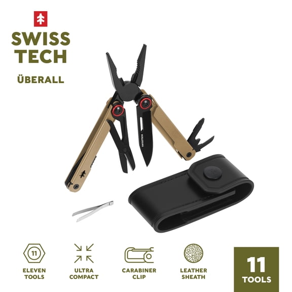 Swiss Tech Uberall AUS-8 Steel 11-in-1 Multi Tool with Carabiner & Leather Sheath, Tan