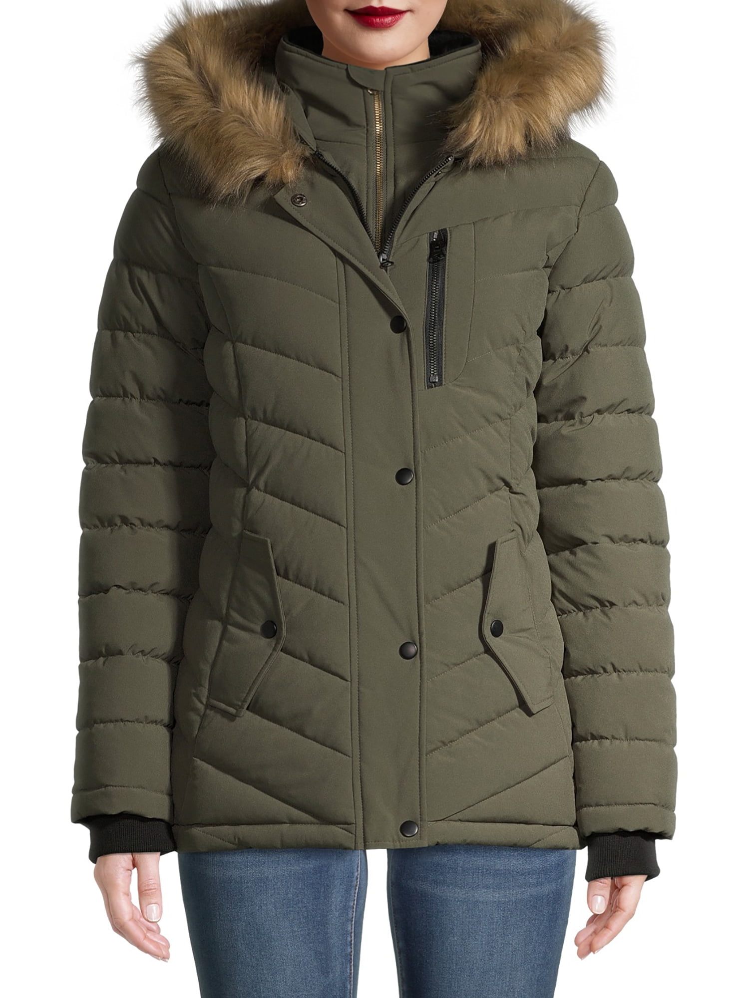 Swiss Tech Women's Bibbed Solarball Puffer Coat with Faux Fur Trimmed ...