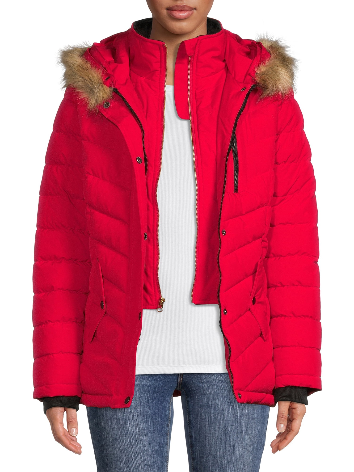 Swiss tech women's bibbed solarball puffer coat with faux fur trimmed hood new arrivals