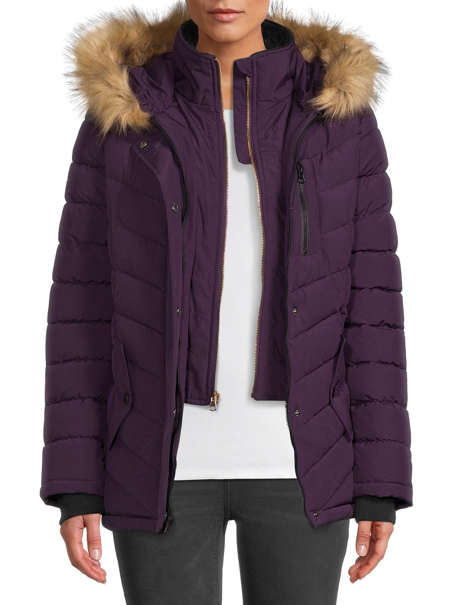 Swiss Tech Women's and Plus Bibbed Solarball Puffer Coat with Faux Fur ...