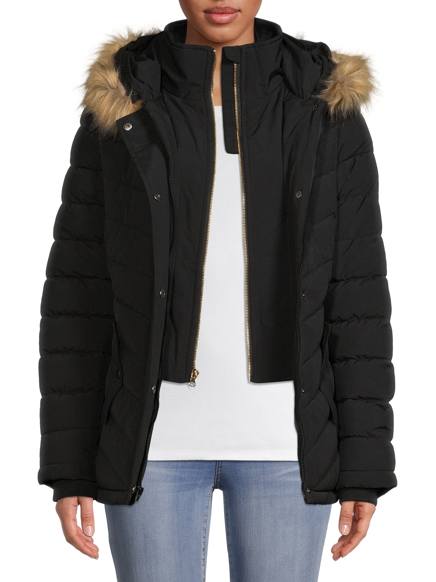 Swiss tech women's bibbed solarball puffer coat with faux fur trimmed hood clearance