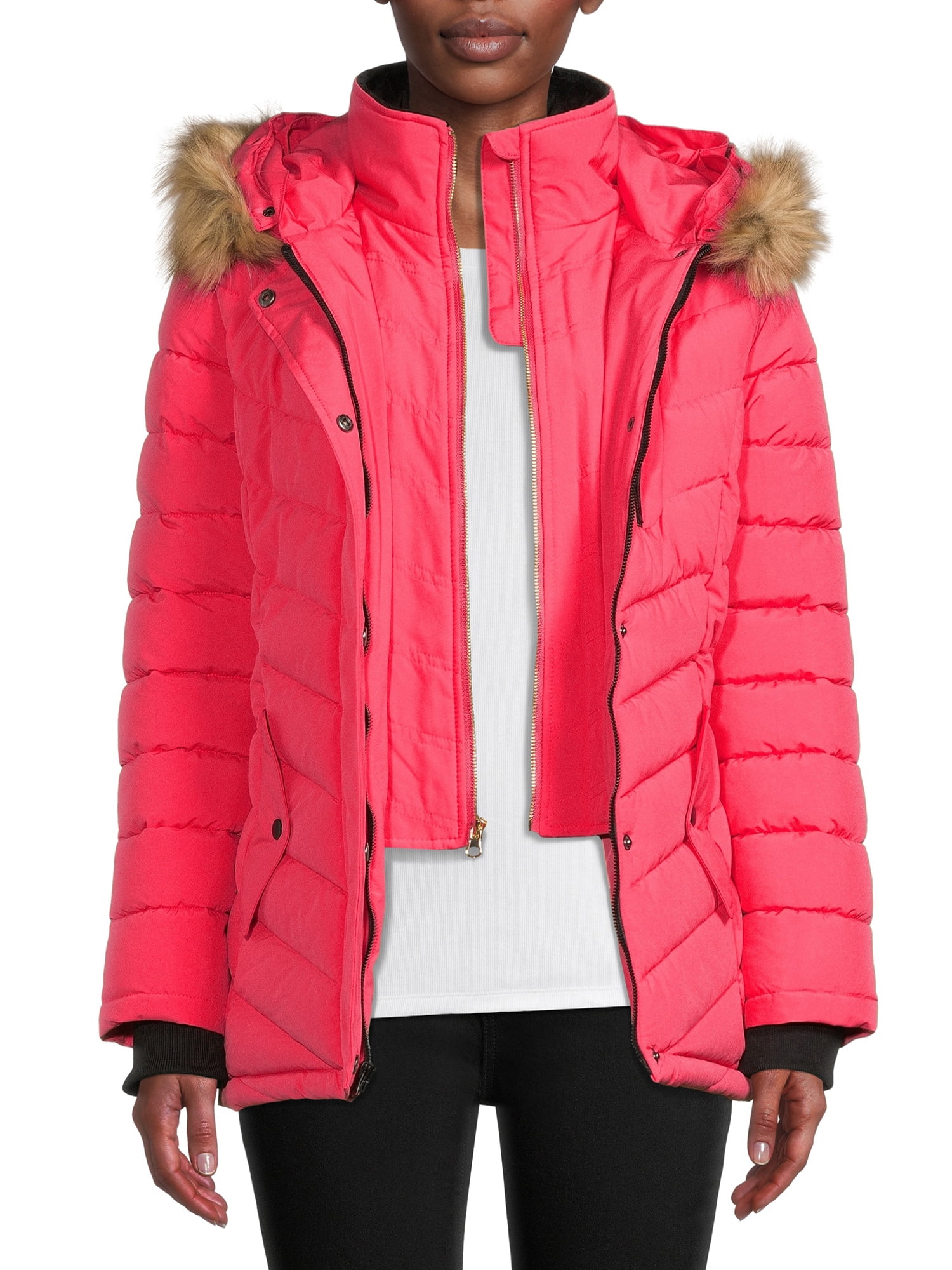 Swiss Tech Women's and Plus Bibbed Solarball Puffer Coat with Faux Fur ...