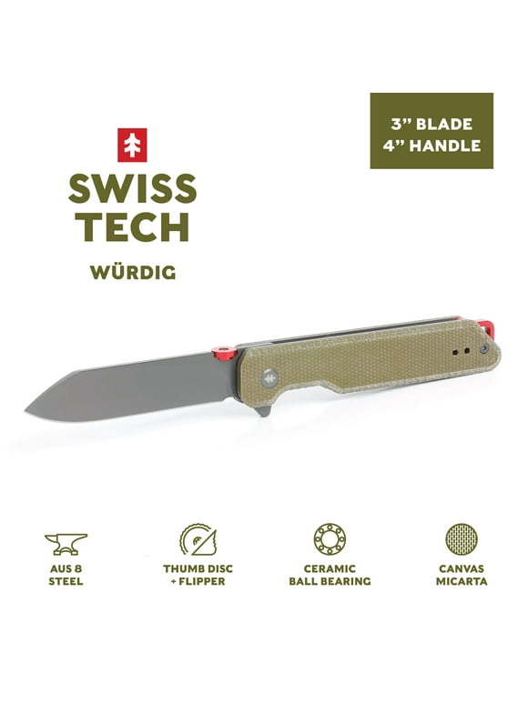 Swiss Tech Wurdig 7" Ball Bearing Assisted Flipper Pocket Knife, 3" AUS-8 Steel Blade, Green