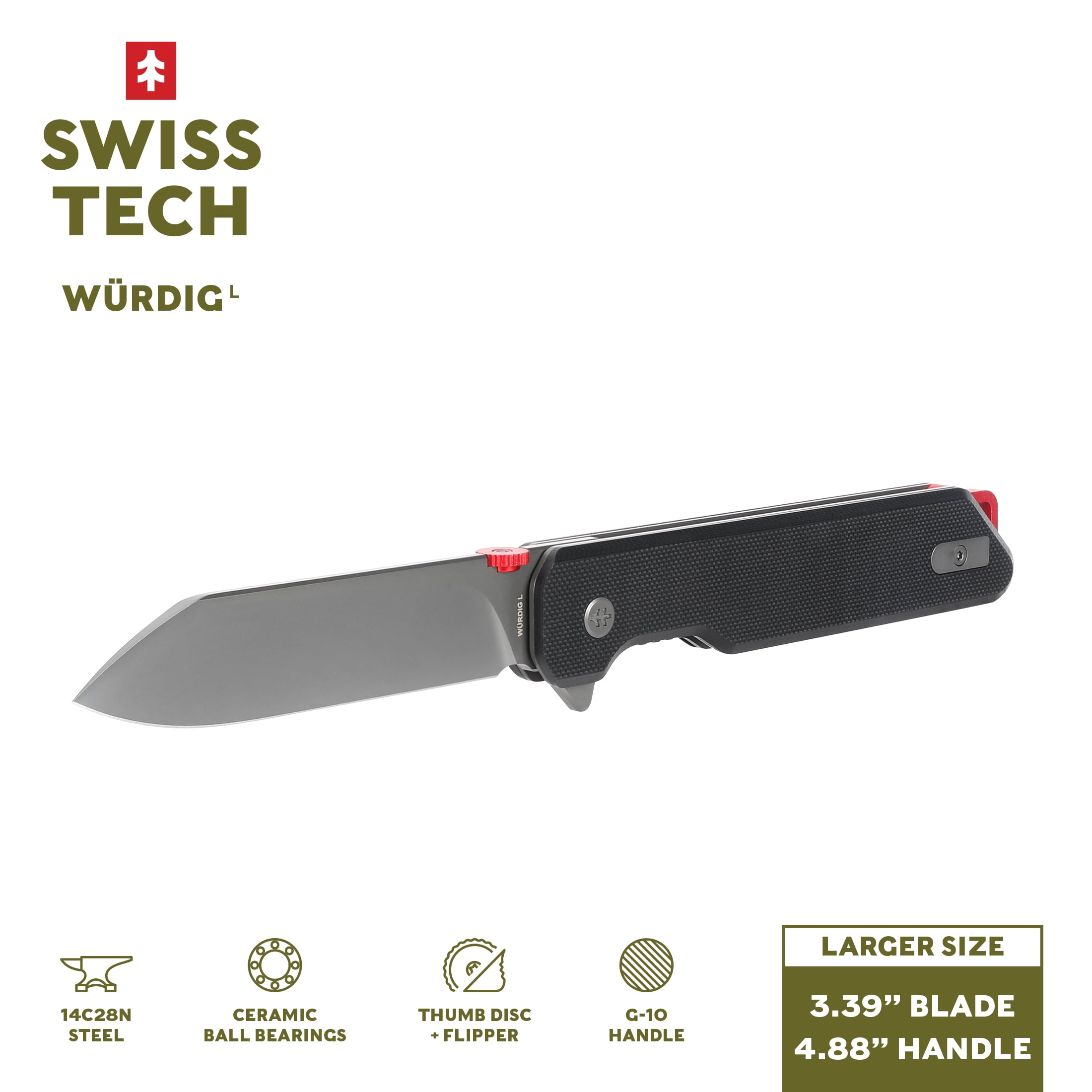 Swiss Tech WÜRDIG L Black G-10 Folding Knife, 14C28N Steel, Gray Ti Finish, EDC