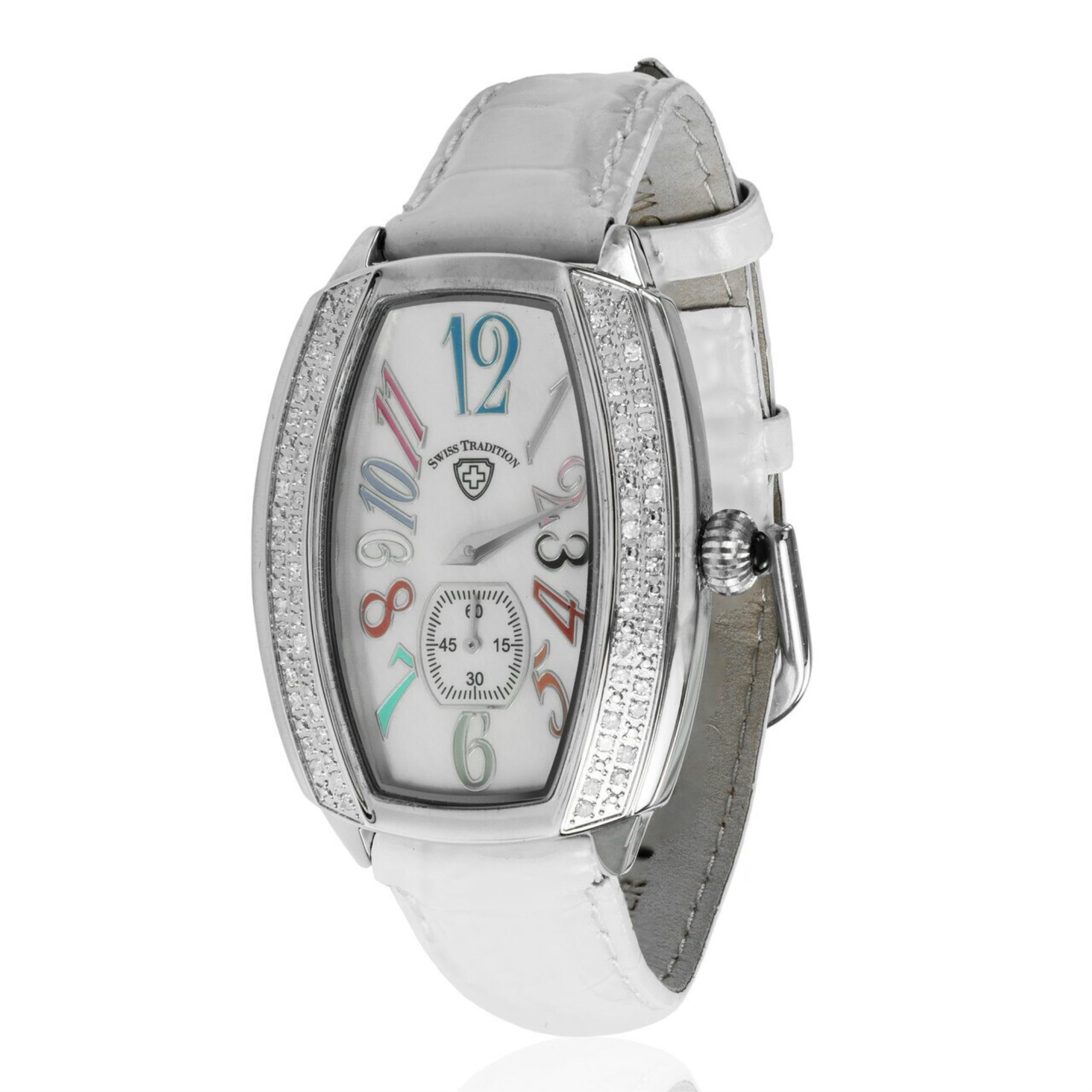 Swiss Tradition Tonneau Crystal Accented White Leather Strap 