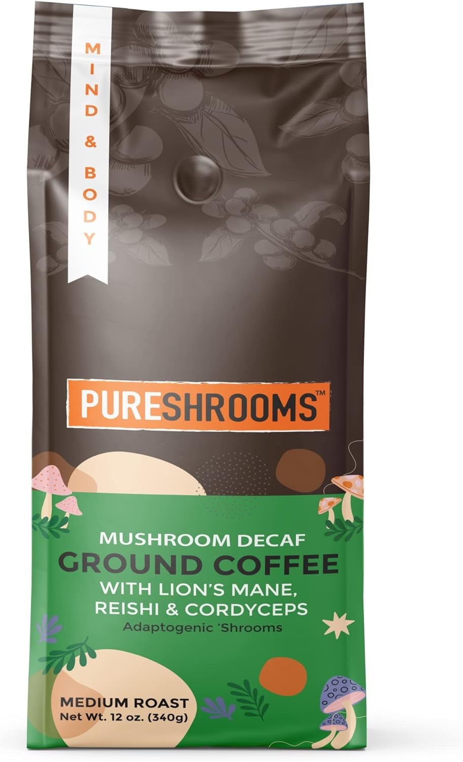 Swiss Water Decaf Mushroom Ground Coffee - Organic Lion's Mane, Reishi, Cordyceps | Caffeine-Free | Cognitive & Immune Boosting Coffee Alternative (340g / 12oz)