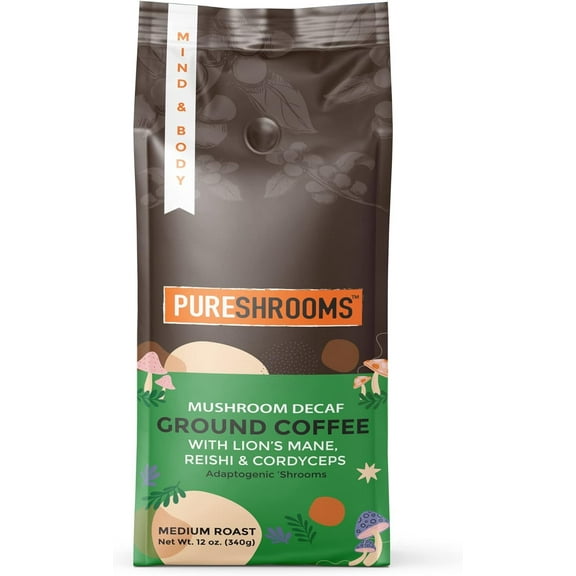 Swiss Water Decaf Mushroom Ground Coffee - Organic Lion's Mane, Reishi, Cordyceps | Caffeine-Free | Cognitive & Immune Boosting Coffee Alternative (340g / 12oz)