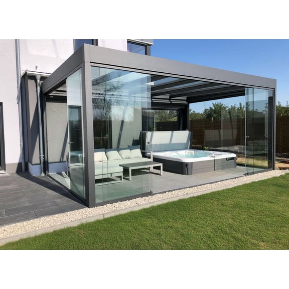 Swiss-made 10' x 10' CUBO Easy Glass Roof Patio Cover with 3-Side Sliding Glass Doors, LED Roof Lights, Easy Installation, Durable Outdoor Canopy for Garden, Deck & Patio