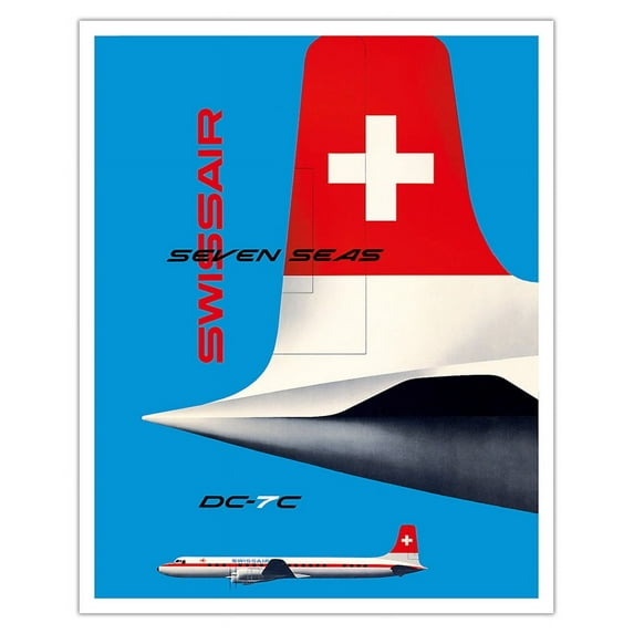 SwissAir - Seven Seas Airliner - Douglas DC-7C - Vintage Airline Travel Poster by Kurt Wirth c.1956 - Fine Art Matte Paper Print (Unframed) 16x20in