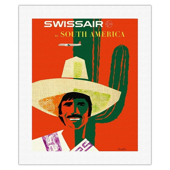 SwissAir to South America - Vintage Airline Travel Poster by Donald Brun c.1959 - Fine Art Rolled Canvas Print 16in x 20in