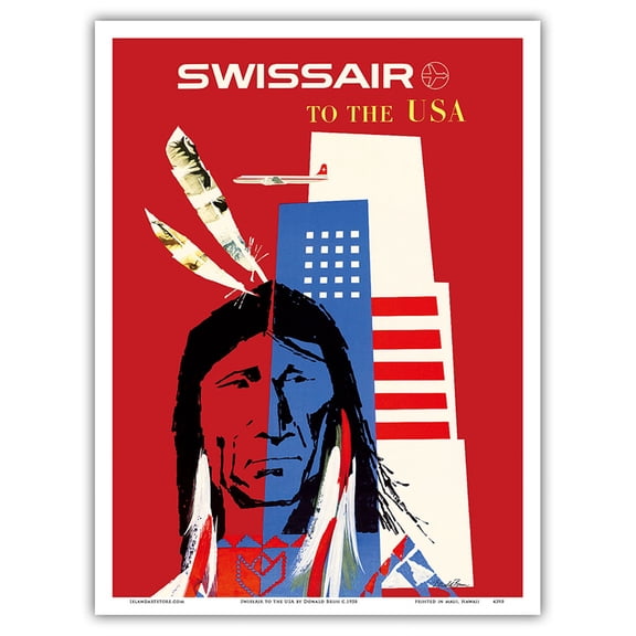 SwissAir to the USA - Native American - Vintage Airline Travel Poster by Donald Brun c.1958 - Master Art Print (Unframed) 9in x 12in