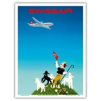 Swissair - Switzerland - Shepherd with Lambs - Vintage Airline Travel Poster by Donald Brun c.1954 - Master Art Print (Unframed) 9in x 12in