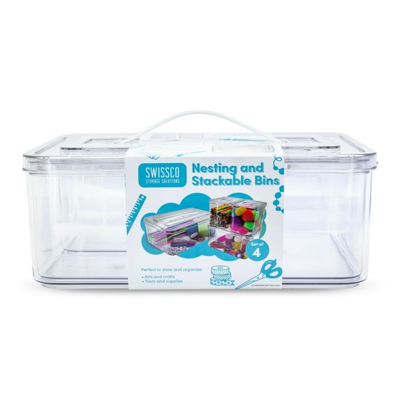 Swissco Stackable & Nesting 4 Piece Plastic Organizing Storage Bins for Arts & Craft, Jewelry Supplies, Clear