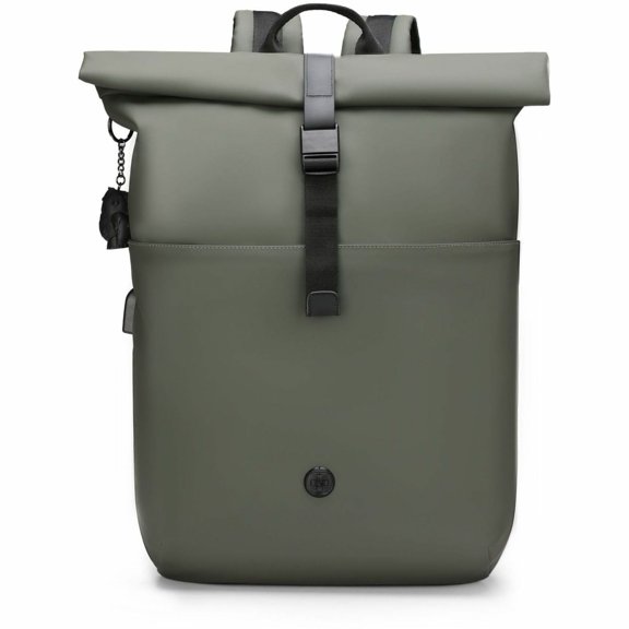 Swissdigital LAMONE Dark Green Rolltop Backpack, USB Charging Port, RFID Protection Pocket, Eco-Friendly & Water Resistant Fabric, Fits 16" Laptop, Dedicated Powerbank & Water Bottle Pockets,