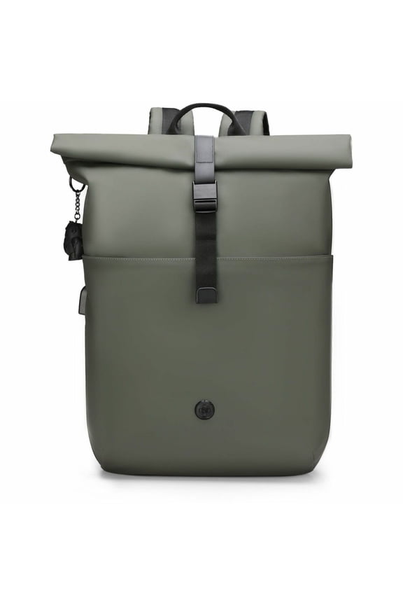 Swissdigital LAMONE Dark Green Rolltop Backpack, USB Charging Port, RFID Protection Pocket, Eco-Friendly & Water Resistant Fabric, Fits 16" Laptop, Dedicated Powerbank & Water Bottle Pockets,
