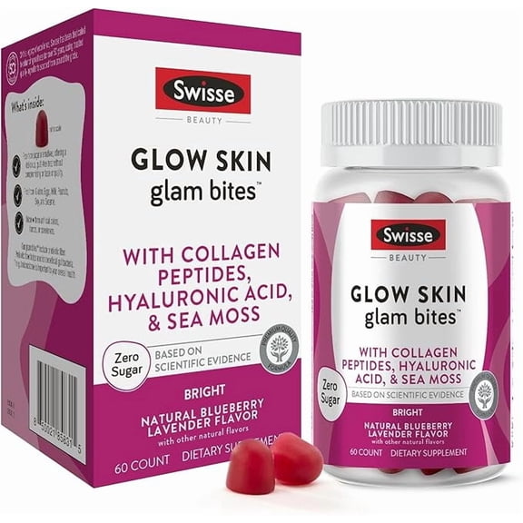 Swisse Glow Skin Glam Bites, Promotes Collagen Production, Elasticity & Helps Strengthen the Skin Barrier, Blueberry Lavender Flavor, 60ct Gummies