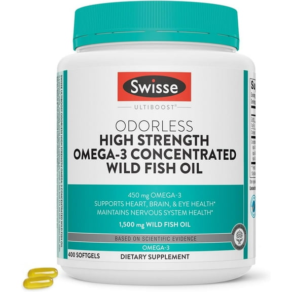 Swisse Odorless High Strength Wild Fish Oil, Omega-3 Supplement to Support Cardiovascular Health, 400 Softgels