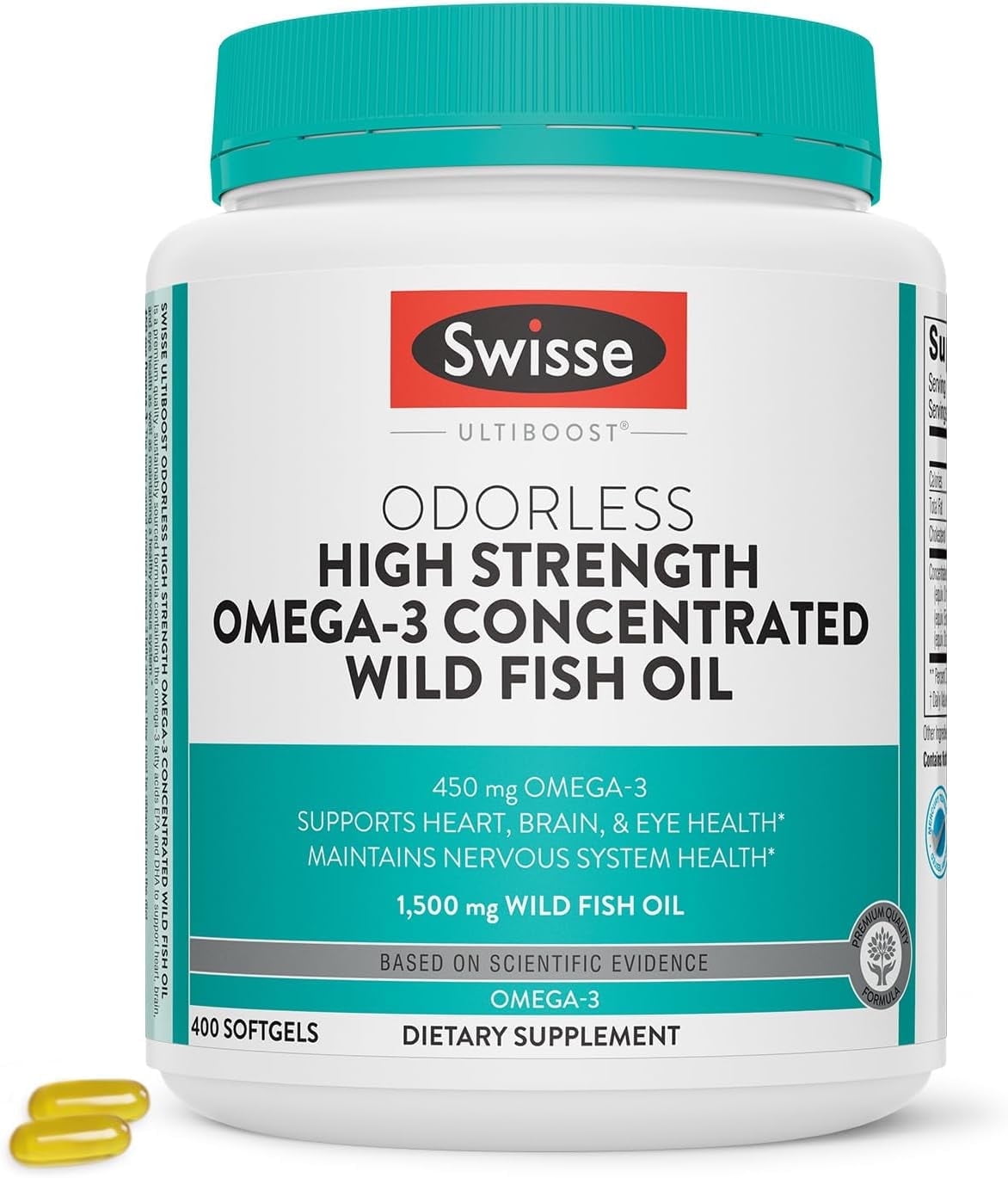 Swisse Odorless High Strength Wild Fish Oil, Omega-3 Supplement to Support Cardiovascular Health, 400 Softgels