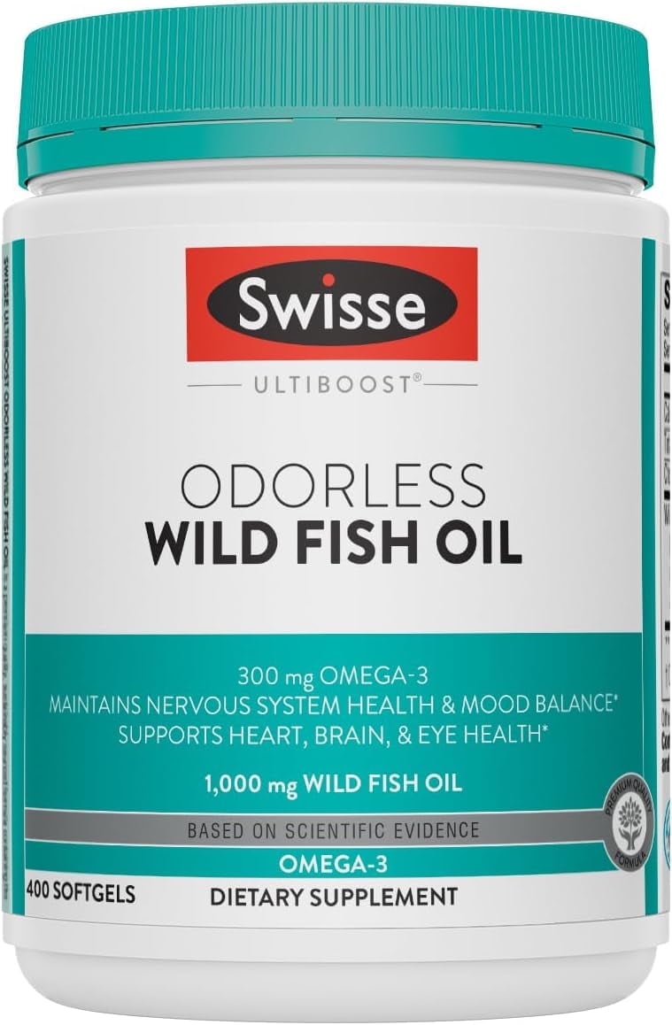 Swisse Odorless Wild Fish Oil, Omega-3 Supplement to Support Cardiovascular Health, 400 Softgells