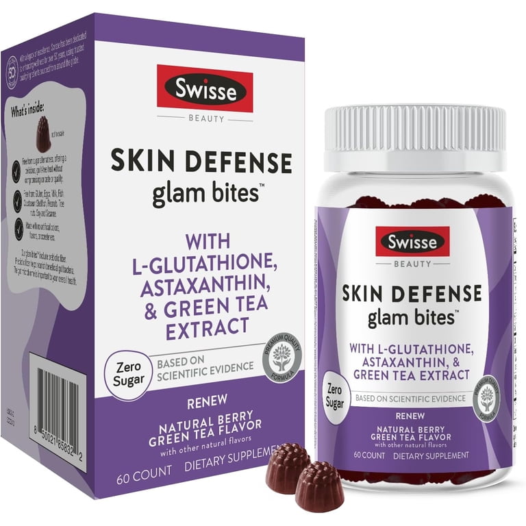glutathione green tea extract Swisse Skin Defense Glam Bites, Supports Skin Elasticity, Moisture & Defense Against Environmental Stressors, Berry Flavor, 60ct Filter:ProductType:Body-Lotion