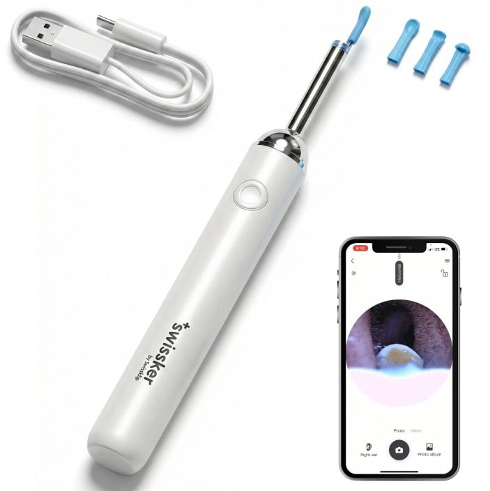 Swissker by Swissklip EarClix Electric Ear Wax Removal Kit with Camera – Pro HD LED Ear Cleaner – Wireless App Control – 3 Silicone Tips – Rechargeable Waterproof Otoscope Earwax Remover Tool