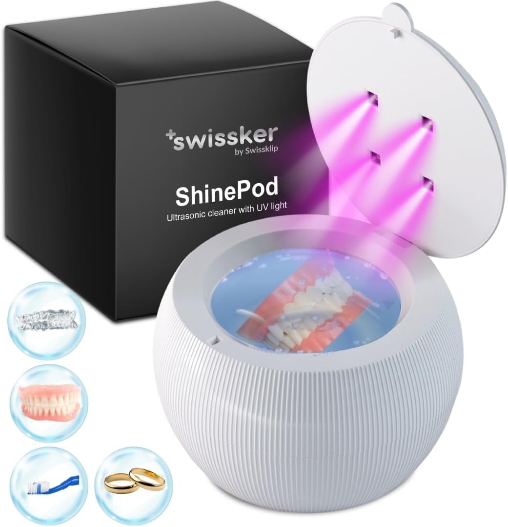 Swissker by Swissklip ShinePod Ultrasonic Retainer Cleaner Machine – Dental Pod Ultrasonic Cleaner for Dentures, Aligners, Mouth Guards, Invisalign Cleaning – UV Sterilization – White