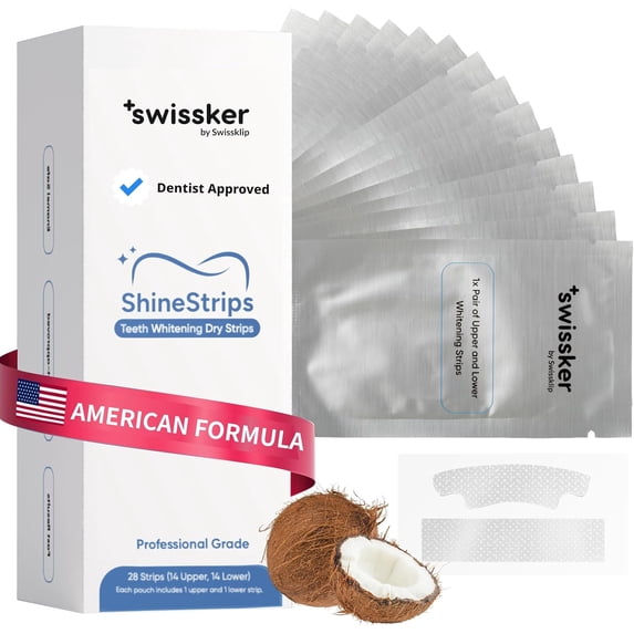 Swissklip ShineStrips Teeth Whitening Strips, Enamel Safe, Dentist Formulated, Visible Results in 2–3 Treatments, 28 Strips (14 Upper + 14 Lower)