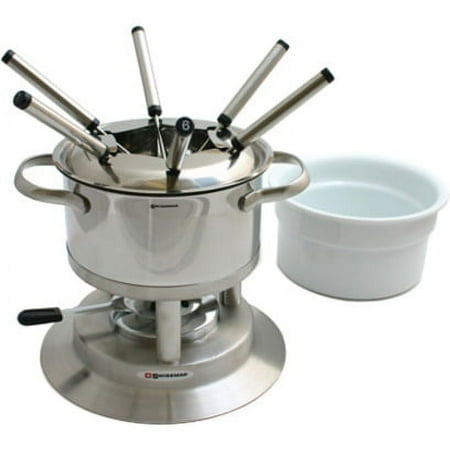 Swissmar Arosa 1 Quart Stainless Steel Fondue Pot Set with Temperature Control, 6 Forks, 1 Burner, 1 Stand
