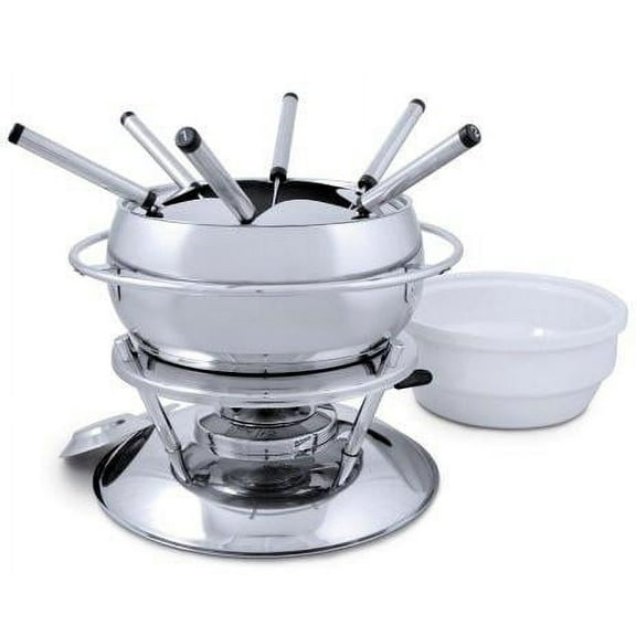 Swissmar Zuri 11-Piece Stainless Steel Fondue Set with Ceramic Insert, Splatter Guard, Rechaud, Fondue Burner, Stainless Pot and 6 Fondue Forks