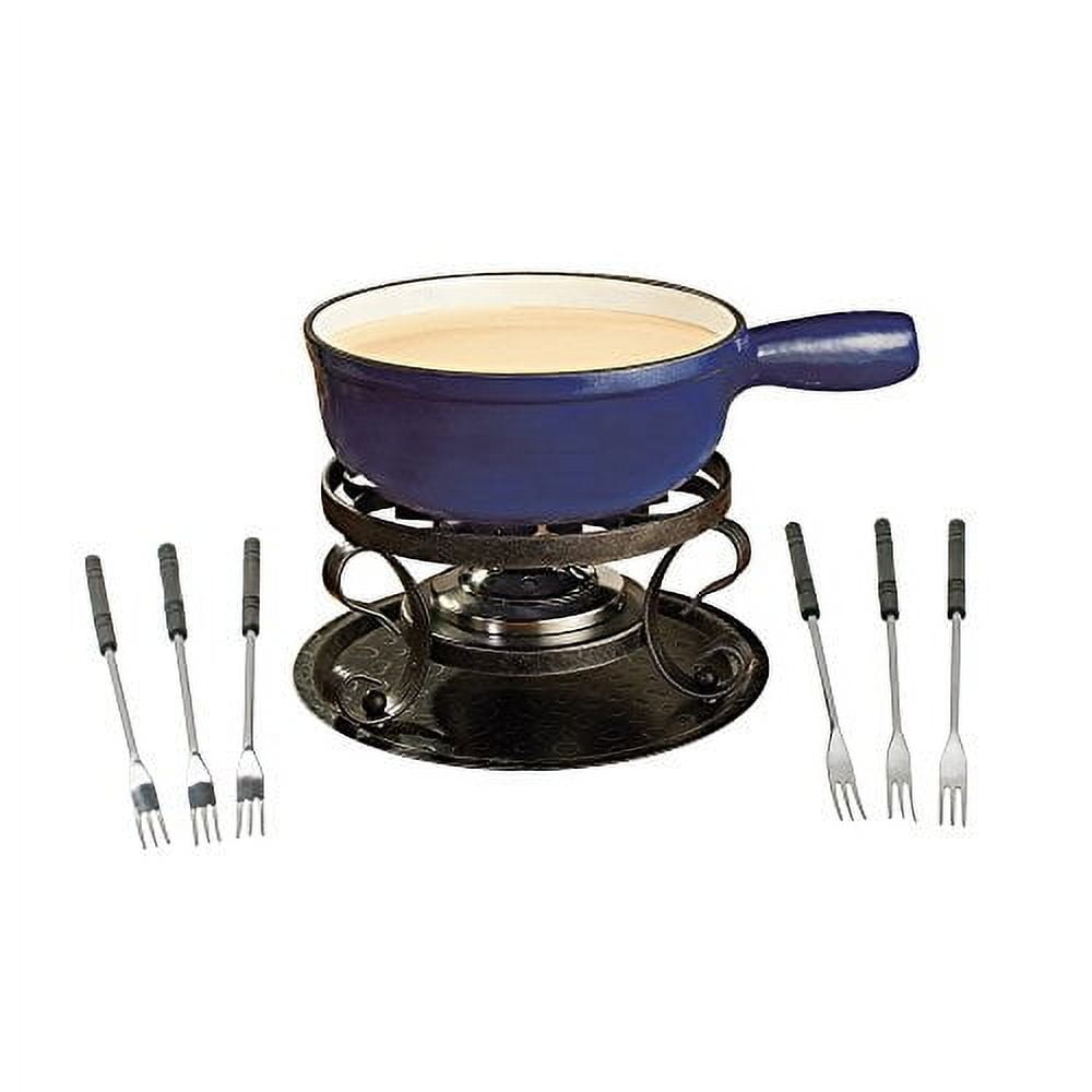 Deep Blue Cast Iron Cheese Fondue Set with Wooden Handles