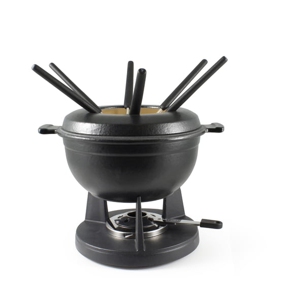 Swissmar Lucerne Matte Black 10 Piece Cast Iron Fondue Set, Meat Cheese or Chocolate